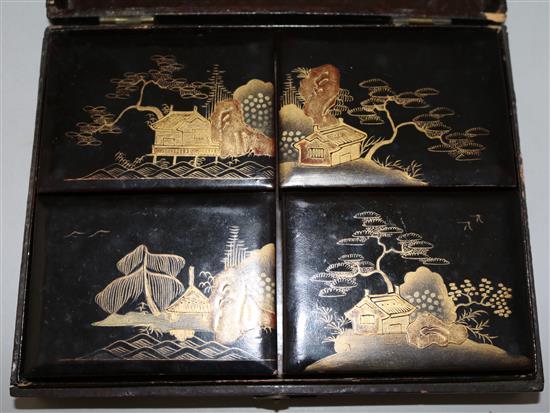 A collection of one hundred and fifty five mother of pearl gaming counters in a chinoiserie lacquered box, box. 8in.
